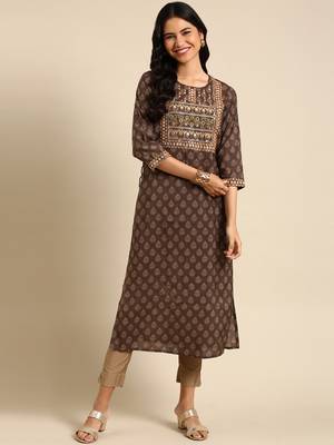 women's calf length round neck brown ethnic motifs straight kurta 4