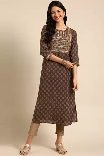women's calf length round neck brown ethnic motifs straight kurta