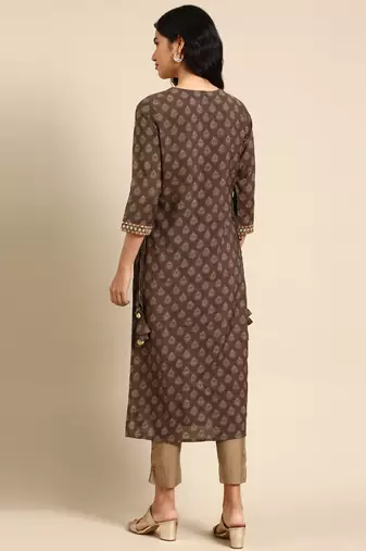 women's calf length round neck brown ethnic motifs straight kurta