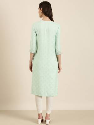 women's calf length round neck sea green woven design straight kurta 5
