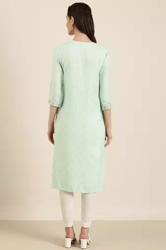 women's calf length round neck sea green woven design straight kurta