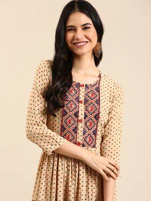women's ankle length round neck beige ethnic motifs anarkali kurta 1