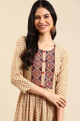 women's ankle length round neck beige ethnic motifs anarkali kurta