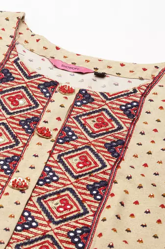 women's ankle length round neck beige ethnic motifs anarkali kurta