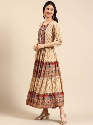 women's ankle length round neck beige ethnic motifs anarkali kurta 3