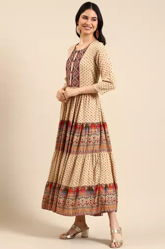 women's ankle length round neck beige ethnic motifs anarkali kurta