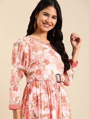 women's ankle length round neck peach floral anarkali kurta 1