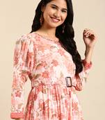 women's ankle length round neck peach floral anarkali kurta