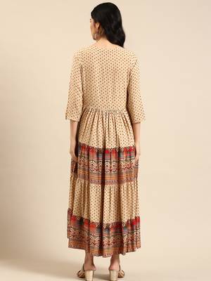 women's ankle length round neck beige ethnic motifs anarkali kurta 4