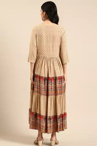 women's ankle length round neck beige ethnic motifs anarkali kurta