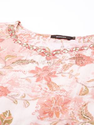 women's ankle length round neck peach floral anarkali kurta 2