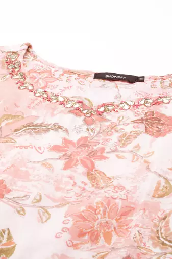 women's ankle length round neck peach floral anarkali kurta