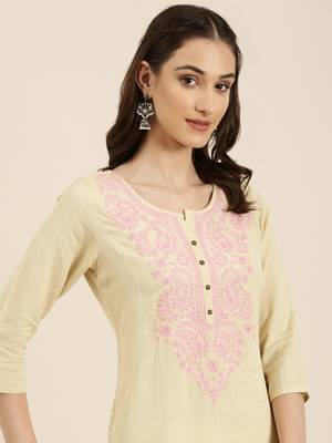women's calf length round neck beige solid straight kurta 1