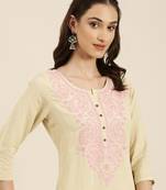 women's calf length round neck beige solid straight kurta