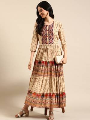 women's ankle length round neck beige ethnic motifs anarkali kurta 5