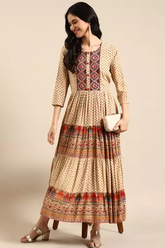 women's ankle length round neck beige ethnic motifs anarkali kurta