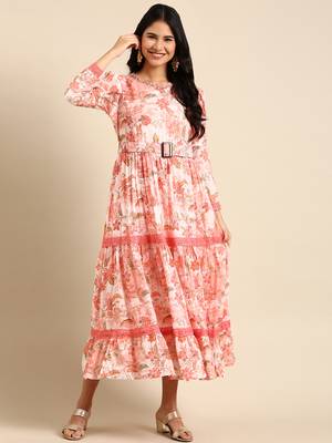 women's ankle length round neck peach floral anarkali kurta 4