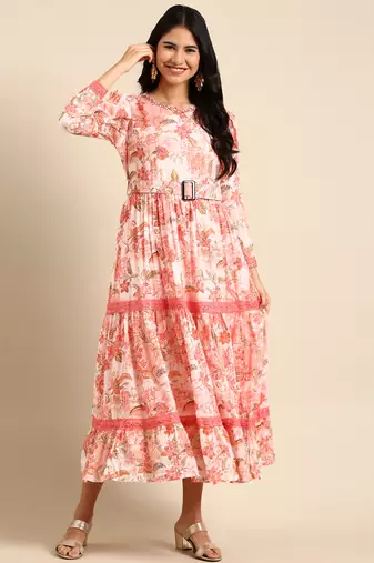 women's ankle length round neck peach floral anarkali kurta