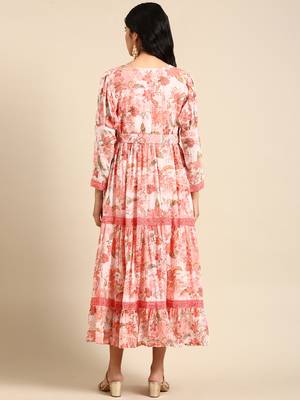 women's ankle length round neck peach floral anarkali kurta 5