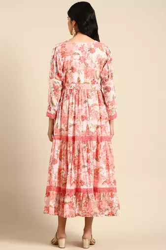 women's ankle length round neck peach floral anarkali kurta