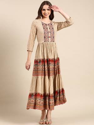 women's ankle length round neck beige ethnic motifs anarkali kurta 2