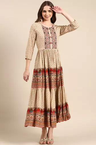 women's ankle length round neck beige ethnic motifs anarkali kurta