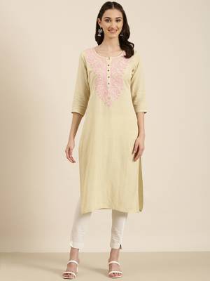 women's calf length round neck beige solid straight kurta 2