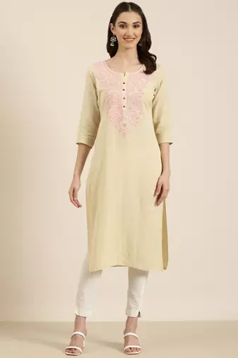 women's calf length round neck beige solid straight kurta