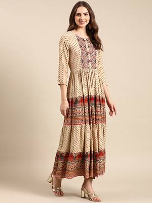 women's ankle length round neck beige ethnic motifs anarkali kurta 4