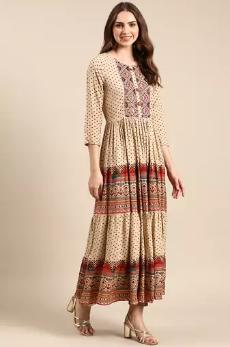 women's ankle length round neck beige ethnic motifs anarkali kurta