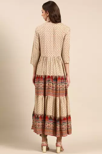 women's ankle length round neck beige ethnic motifs anarkali kurta