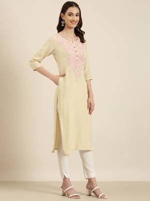women's calf length round neck beige solid straight kurta 4