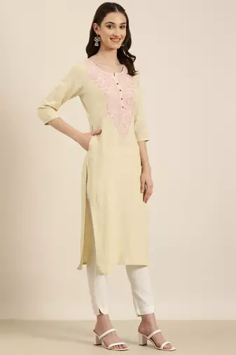 women's calf length round neck beige solid straight kurta