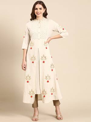 women's ankle length round neck off white embellished a-line kurta 2