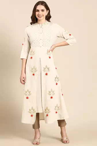 women's ankle length round neck off white embellished a-line kurta