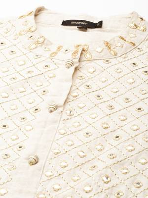 women's ankle length round neck off white embellished a-line kurta 3