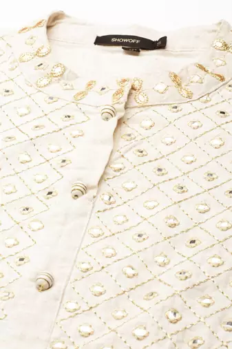 women's ankle length round neck off white embellished a-line kurta