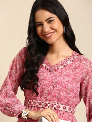 women's ankle length v-neck pink paisley anarkali kurta 1