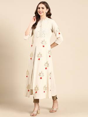 women's ankle length round neck off white embellished a-line kurta 4
