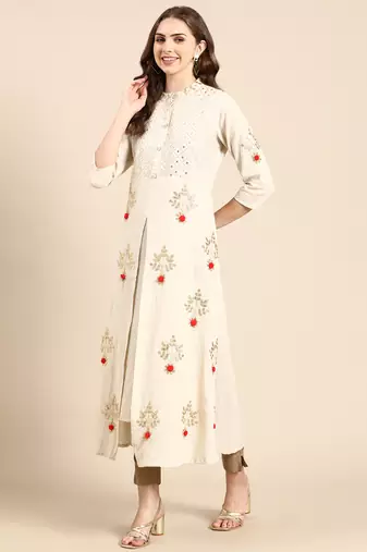 women's ankle length round neck off white embellished a-line kurta