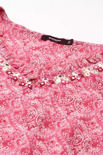 women's ankle length v-neck pink paisley anarkali kurta