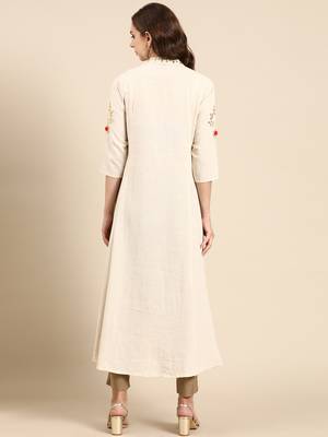 women's ankle length round neck off white embellished a-line kurta 5