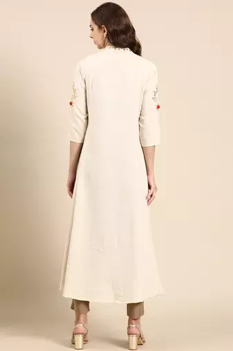 women's ankle length round neck off white embellished a-line kurta