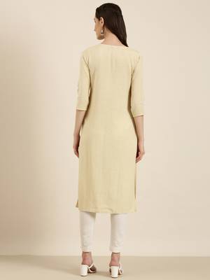 women's calf length round neck beige solid straight kurta 5