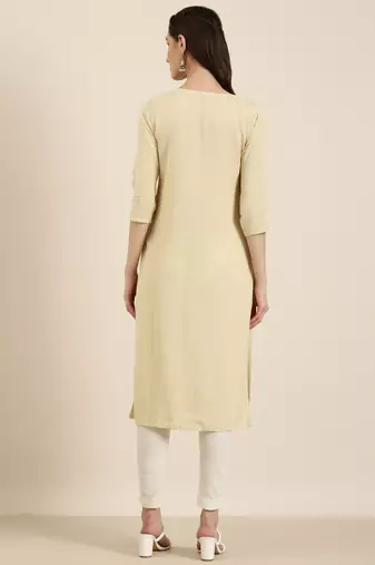 women's calf length round neck beige solid straight kurta