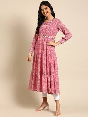 women's ankle length v-neck pink paisley anarkali kurta 4
