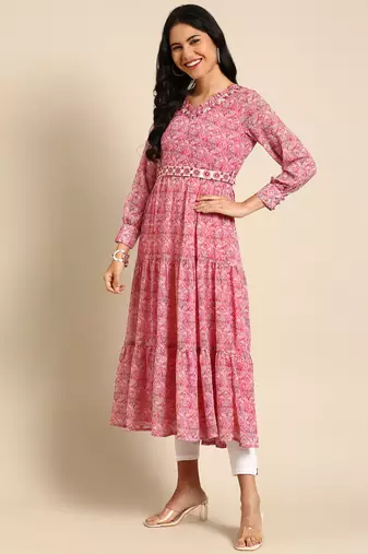 women's ankle length v-neck pink paisley anarkali kurta