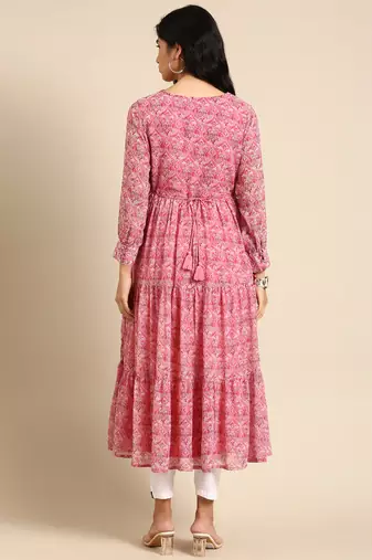 women's ankle length v-neck pink paisley anarkali kurta