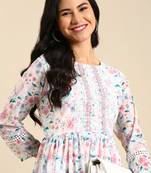 women's calf length round neck white floral anarkali kurta