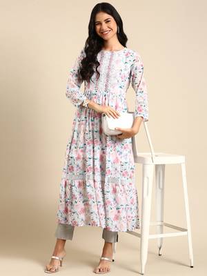 women's calf length round neck white floral anarkali kurta 4